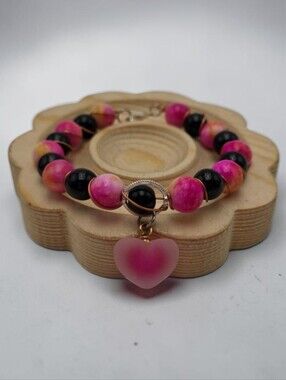 Handmade wirewrapped Pink and Black Heart Charm Bracelet